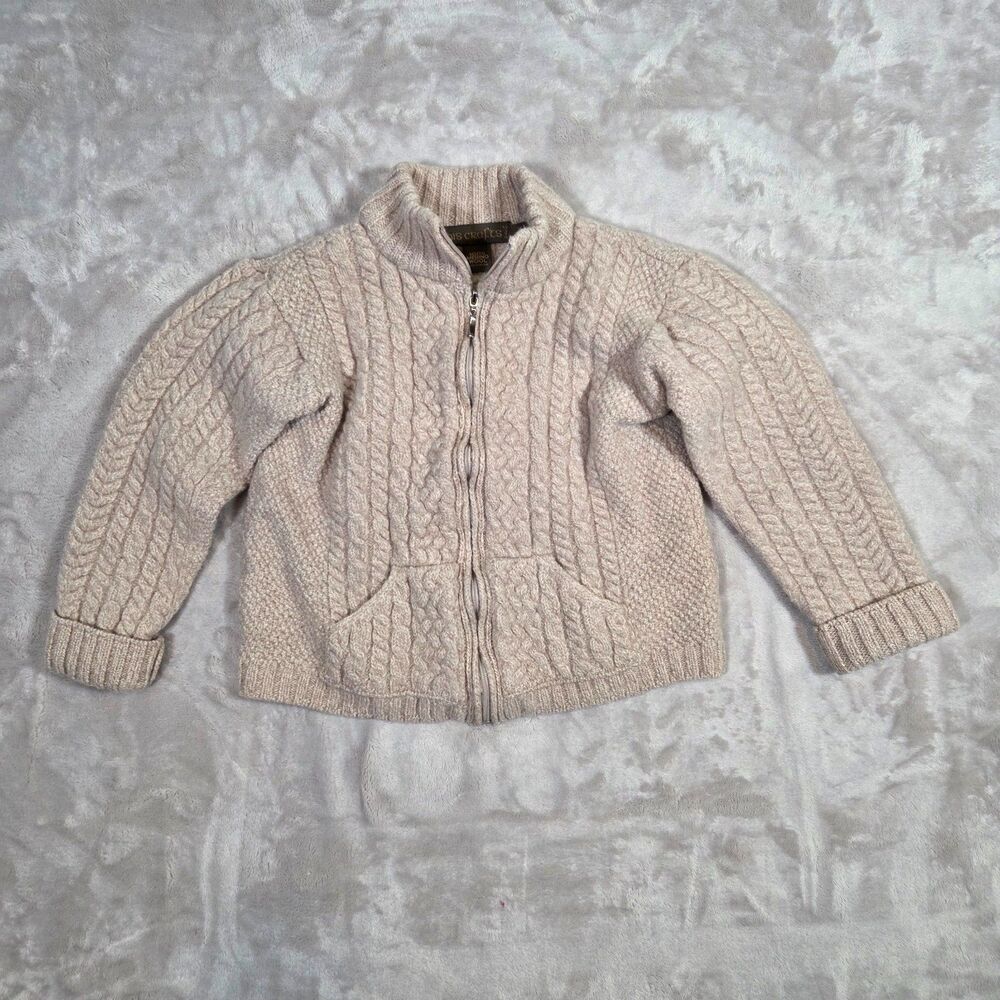 Inis Crafts Ireland Merino Wool Cable Knit Zip Cardigan Sweater Youth Large Aran